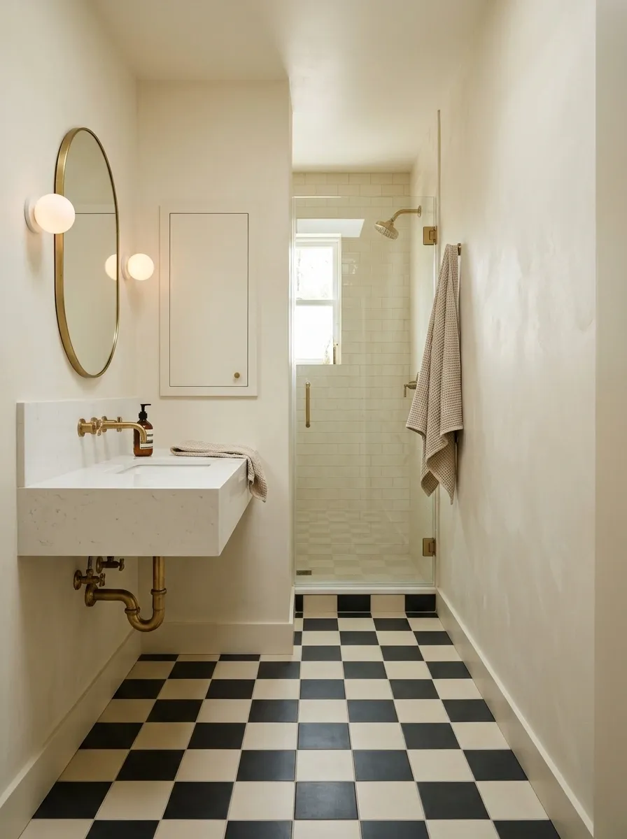 Narrow Bathroom With Checkerboard Flooring and a Floating Basin
