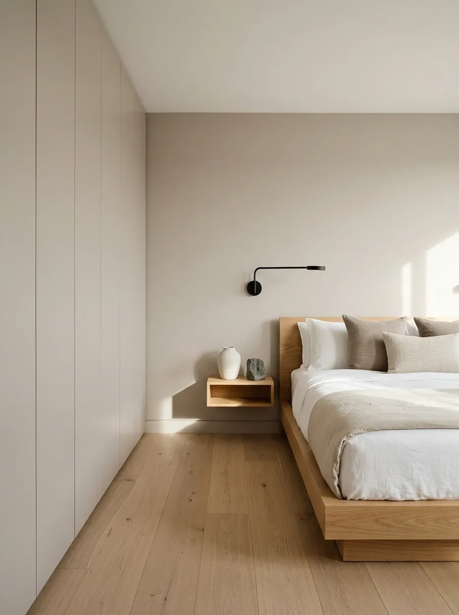 Narrow Bedroom With a Built-In Storage Wall
