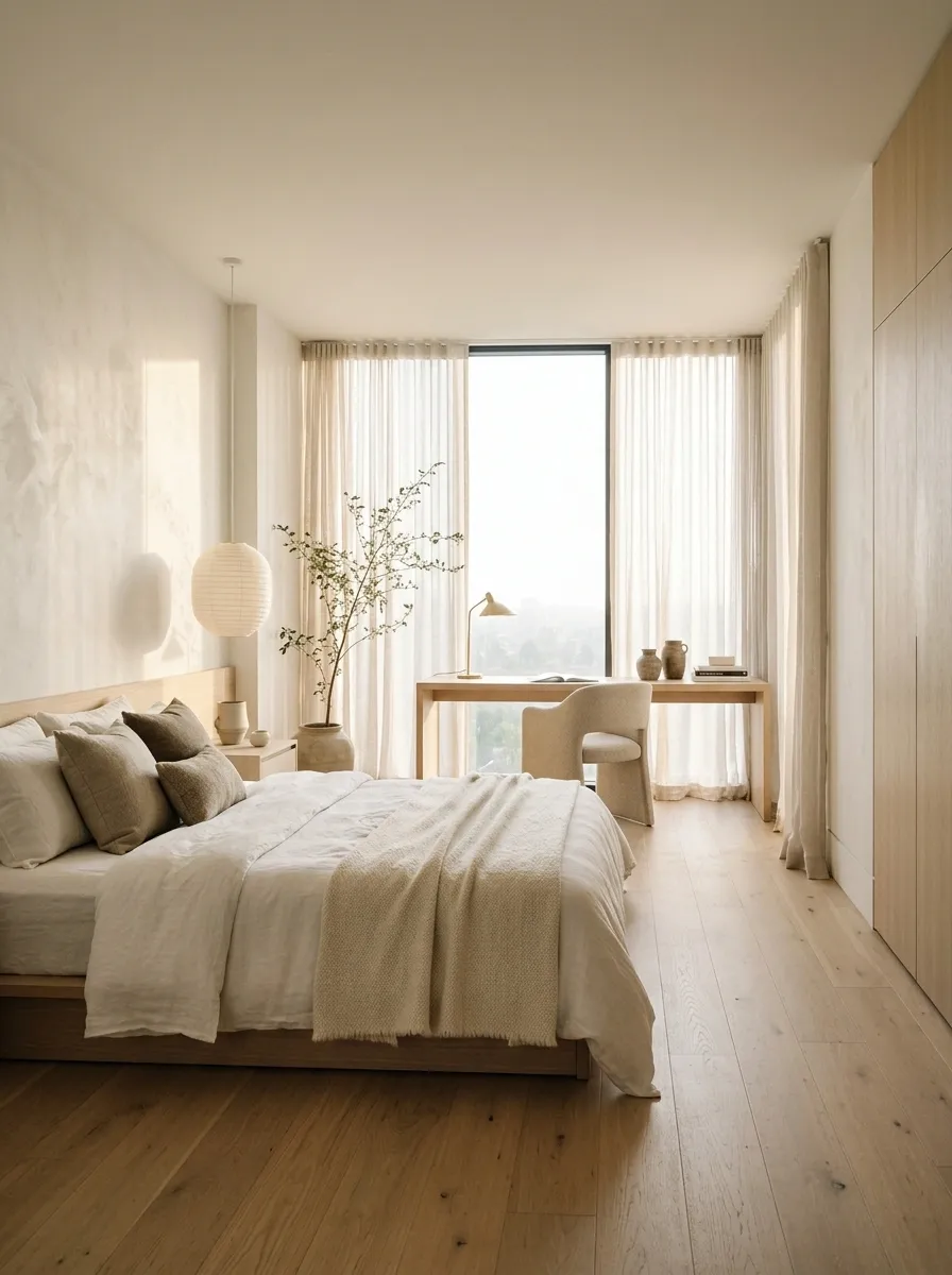 Narrow Bedroom With a Desk Along the Window Wall