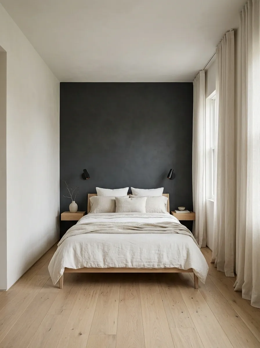 Narrow Couple's Bedroom With Slim Furniture and Wall-Mounted Lighting
