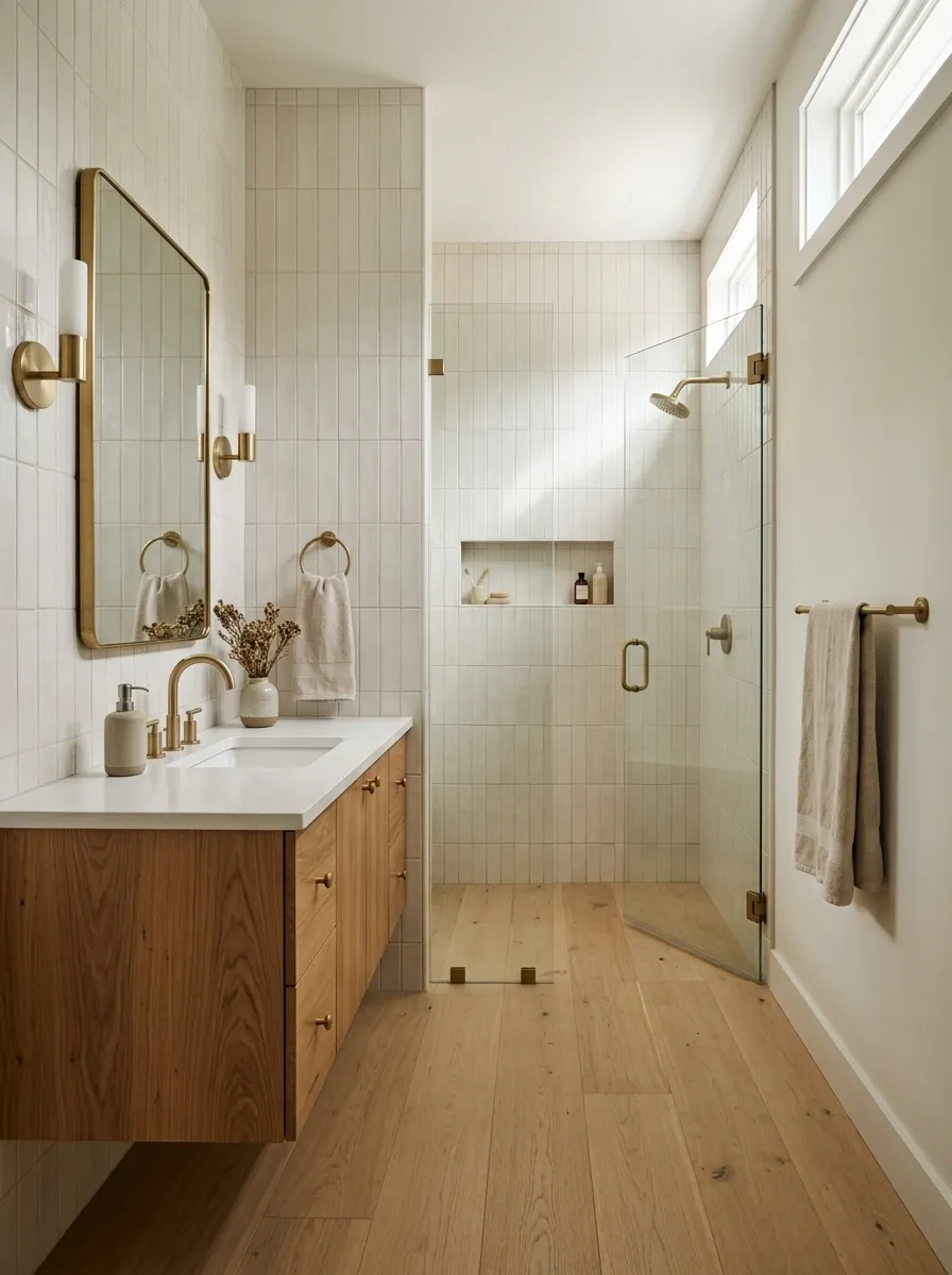 Narrow Farmhouse Bathroom With a Clear Galley Layout