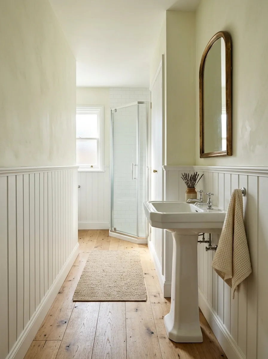 Narrow Farmhouse Bathroom With Vertical Beadboard