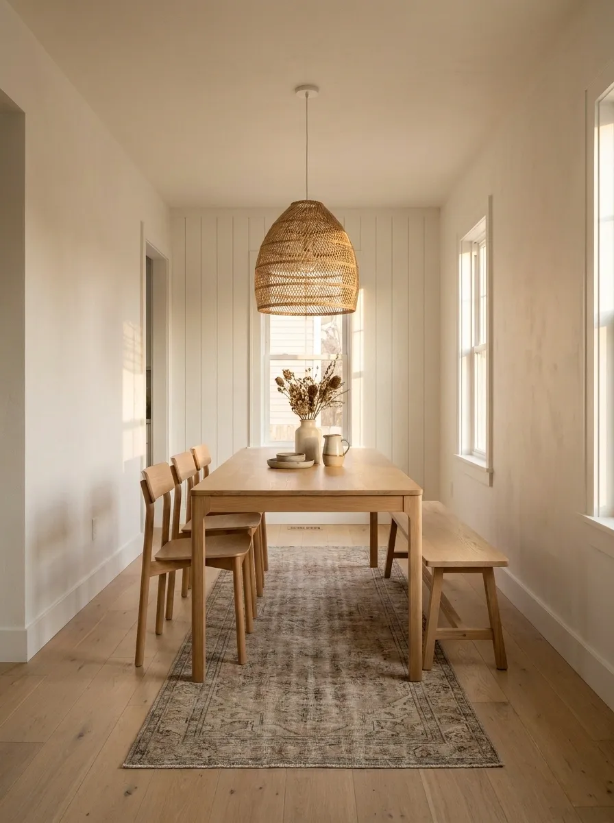 Narrow Farmhouse Dining Room With a Slim Rectangular Table