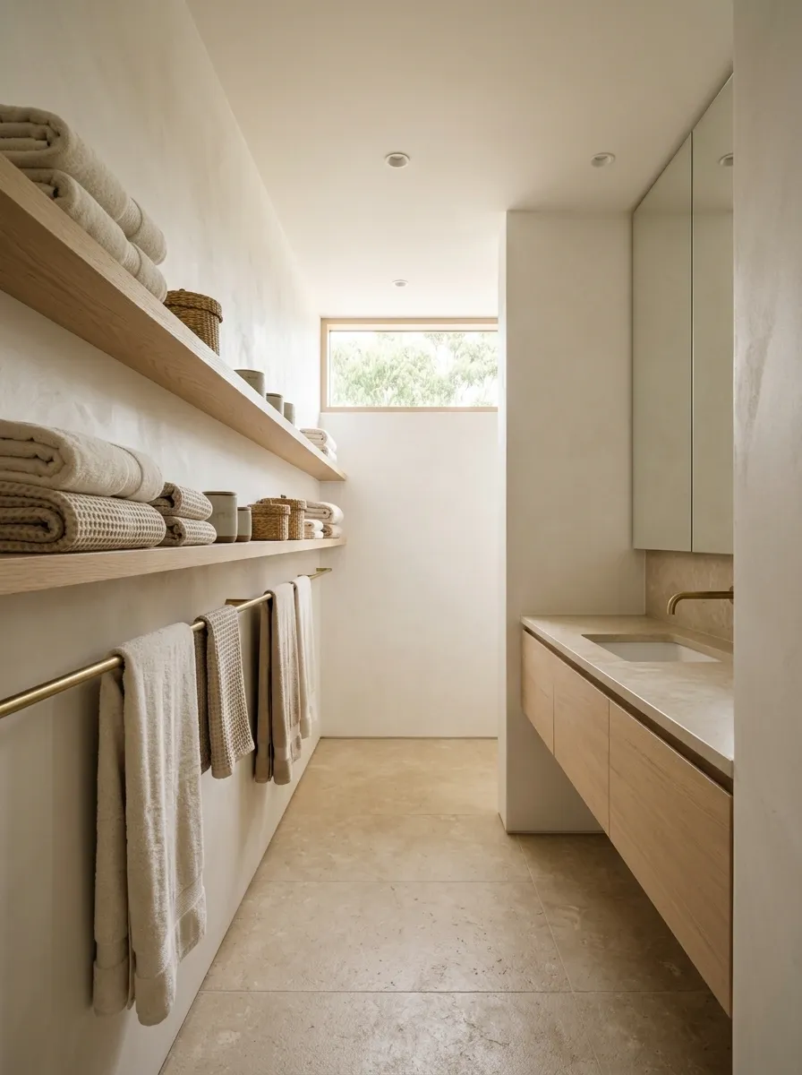 Narrow Galley Bathroom With a Continuous Wall Shelf and Rail
