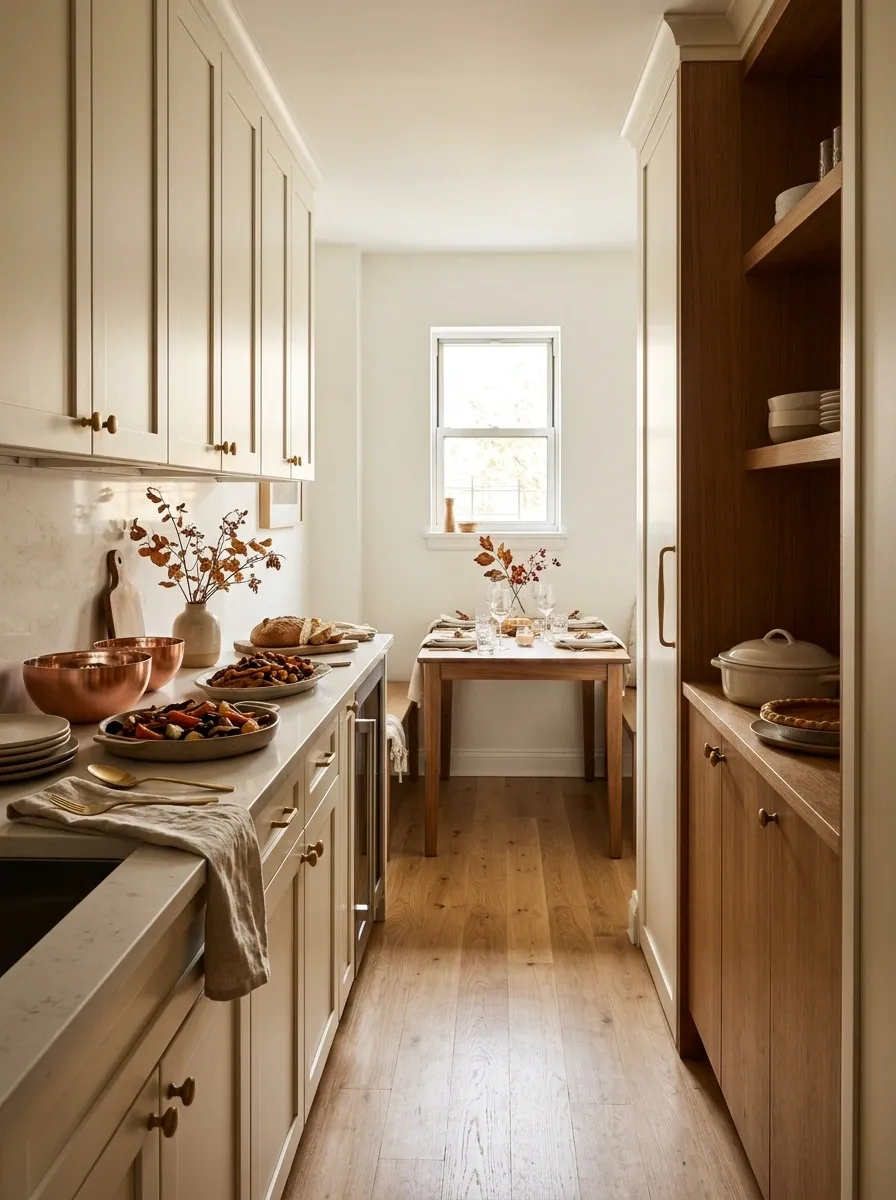 Narrow Galley Kitchen Thanksgiving With a Built-In Serving Counter