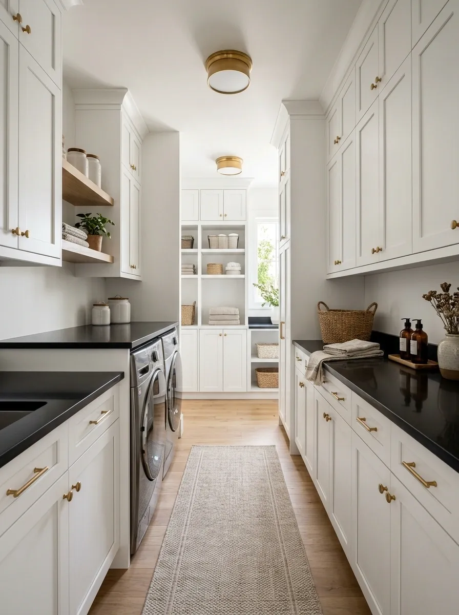 Narrow Galley Laundry Room With One Continuous Black Counter