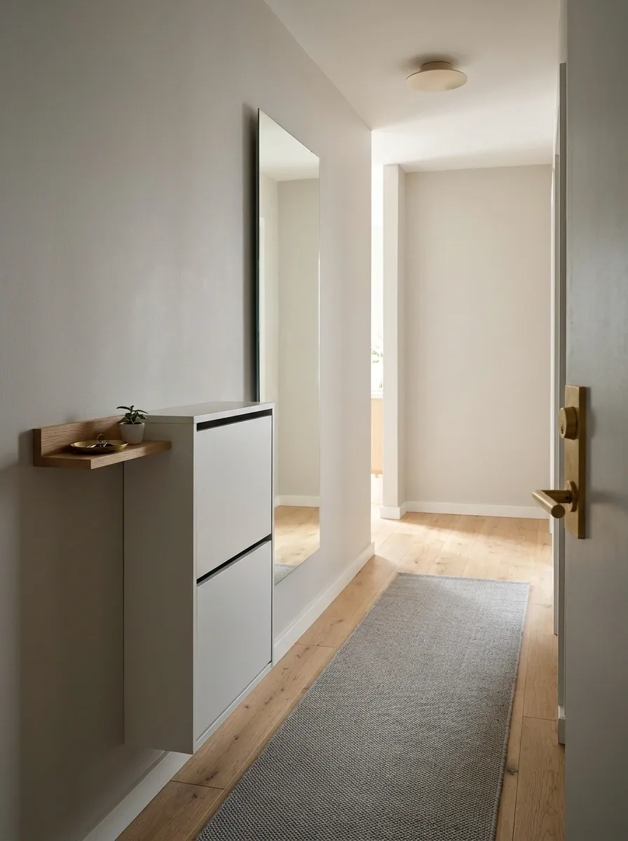 Narrow Hall Corner With a Wall-Mounted Shoe Cabinet and Small Key Ledge