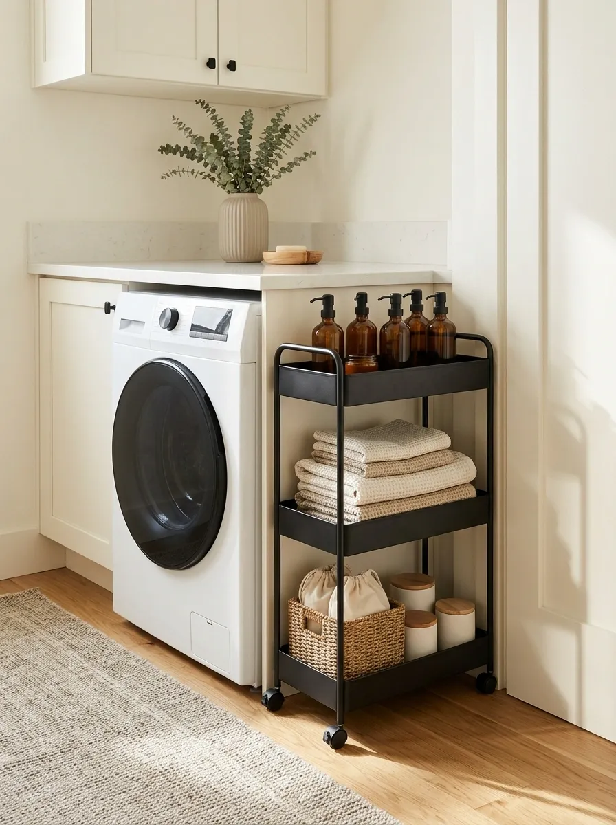 Narrow Laundry Closet With a Slim Rolling Storage Cart