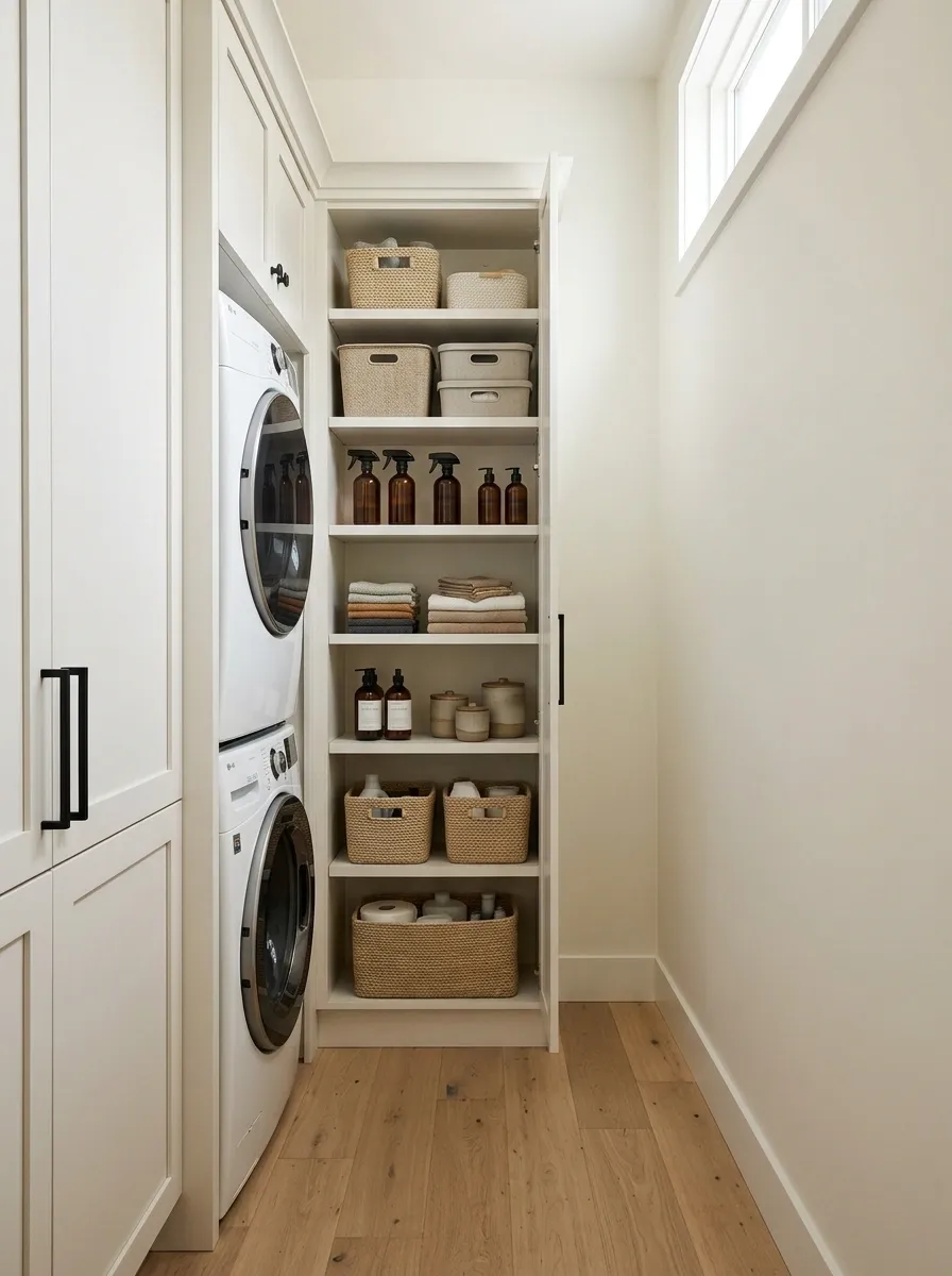Narrow Laundry Tower With a Slim Side Storage Column