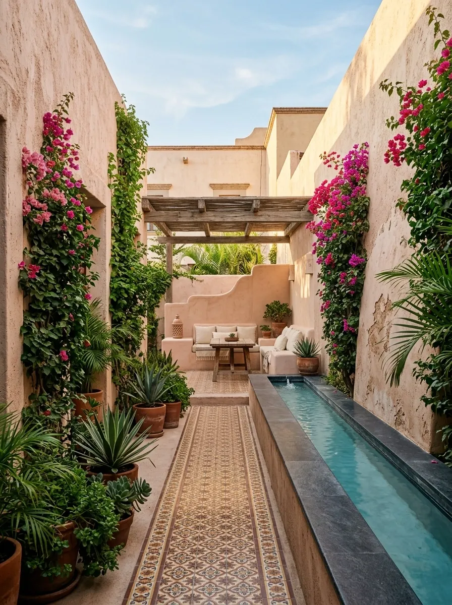 Narrow Mexican Courtyard With a Long Water Feature