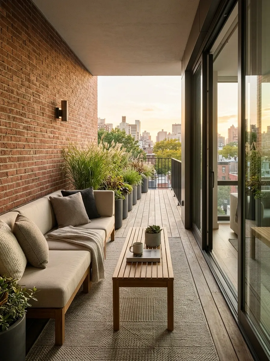 Narrow Patio With One-Sided Lounge Seating and a Clear Walkway