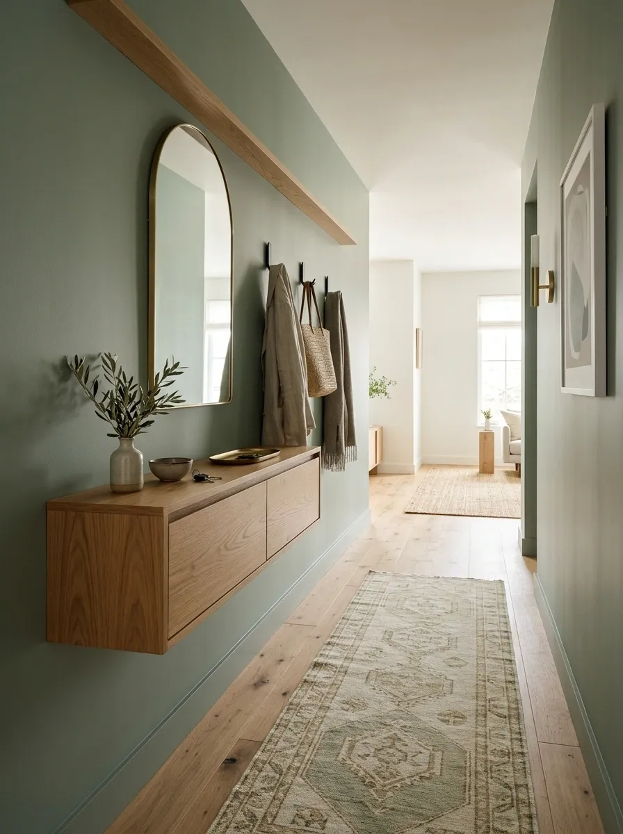 Narrow Sage Hall With Wall-Mounted Storage