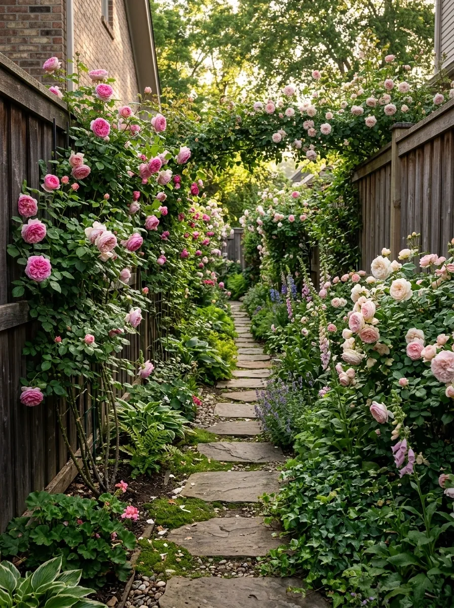 Narrow Side-Yard Rose Garden With Stepping Stones