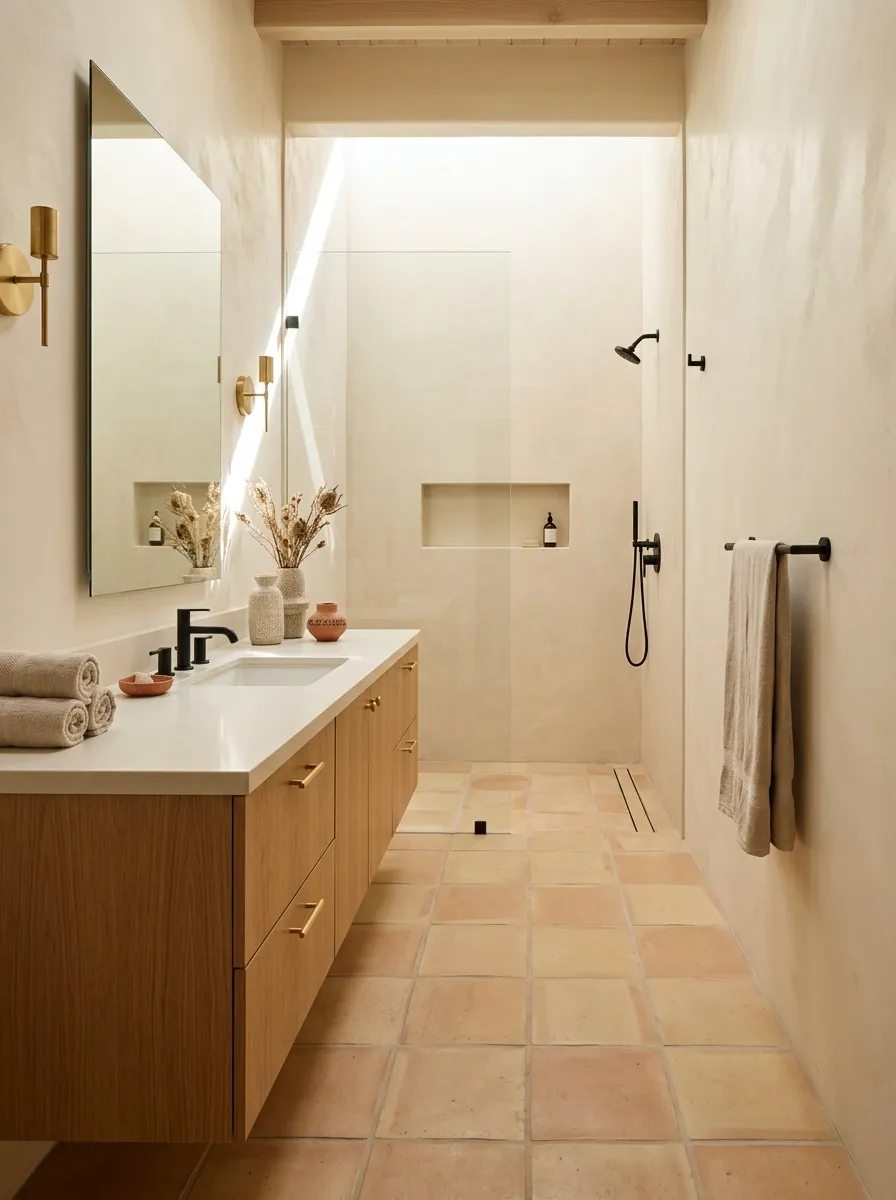 Narrow Southwestern Bathroom With a Continuous Linear Layout