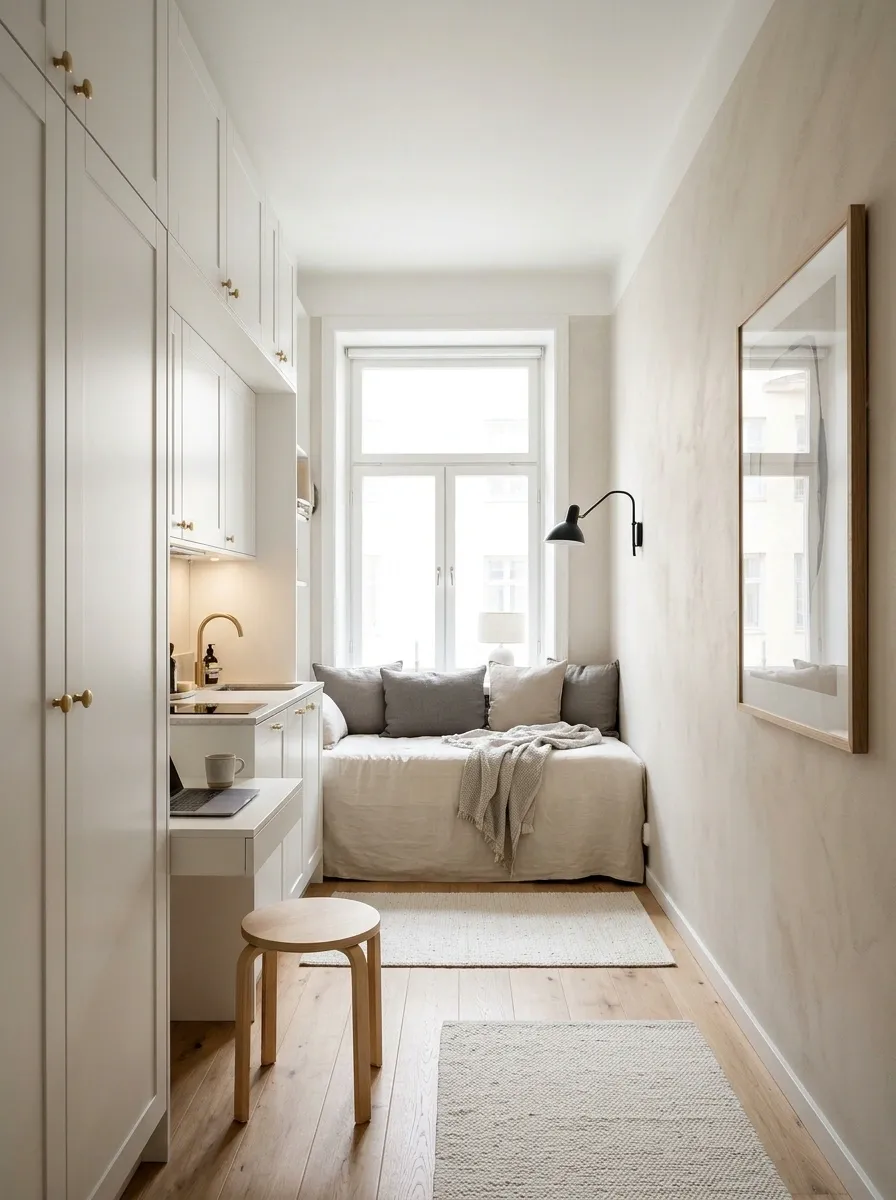 Narrow Studio With a Window Daybed and One-Sided Storage