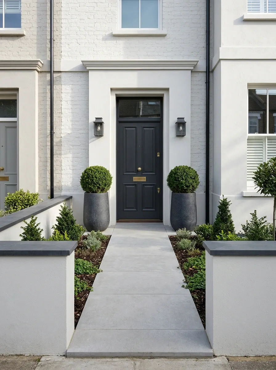 Narrow Terrace Front With Matching Planters Beside the Door