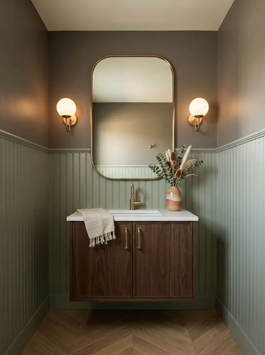 Narrow Vertical Wainscoting in a Powder Room
