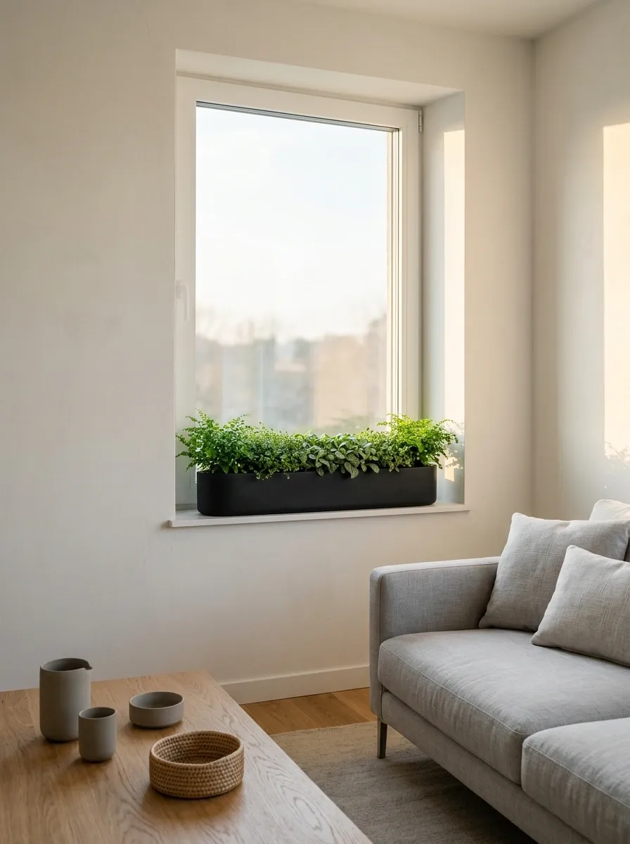 Narrow Window Sill With One Continuous Trough Planter