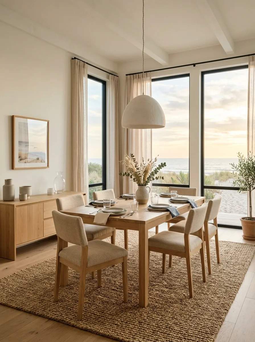 Natural Coastal Dining Room With a Textured Jute Rug
