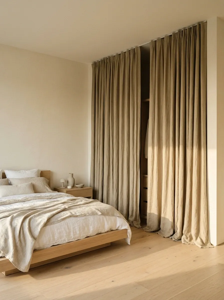 Natural Linen Curtains With a Ceiling-Mounted Track