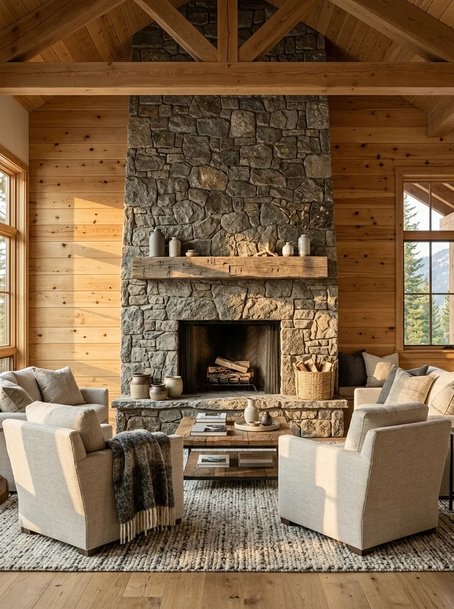 Natural Pine Shiplap in a Rustic Cabin Living Room