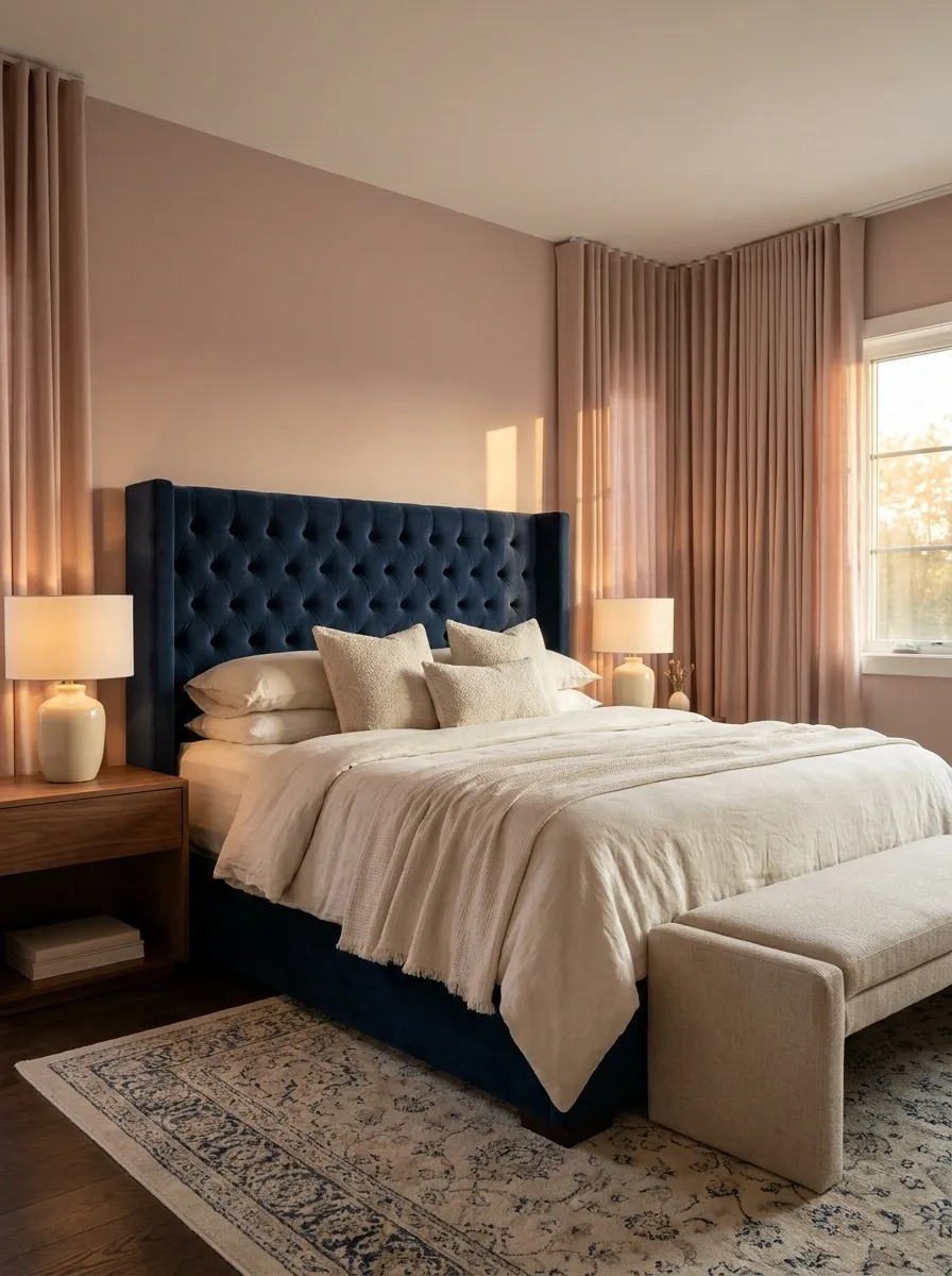 Navy and Blush Bedroom With Walnut Furniture