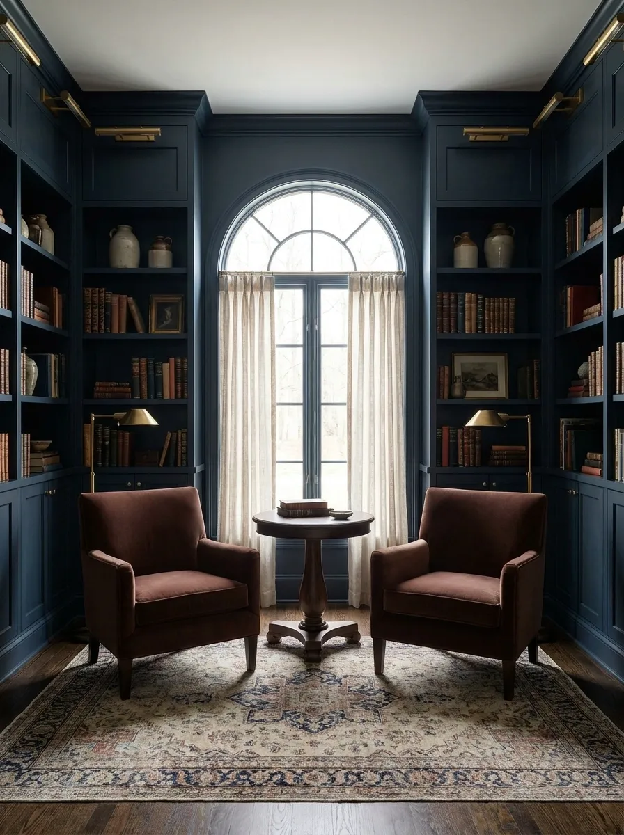 Navy and Burgundy Library With Dark Wood