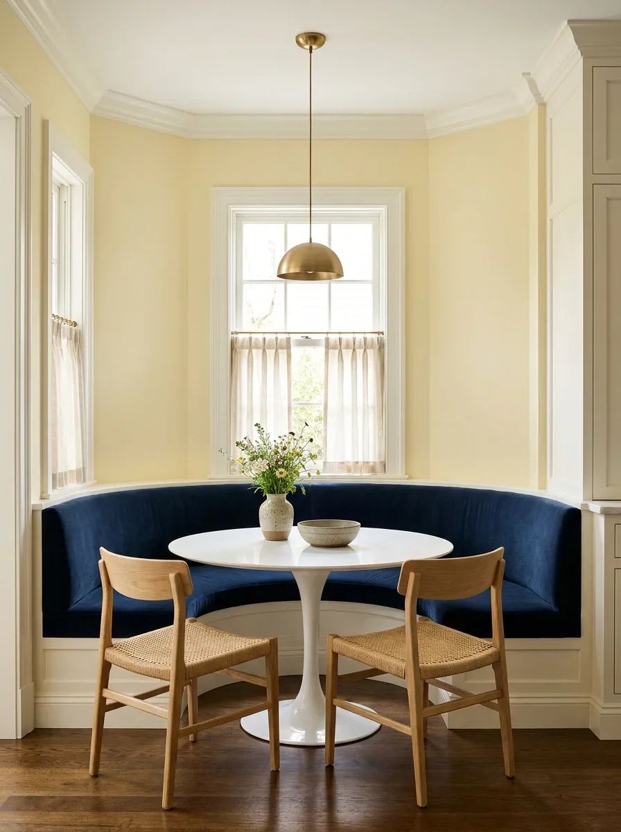 Navy and Butter Yellow Breakfast Nook With Painted Woodwork