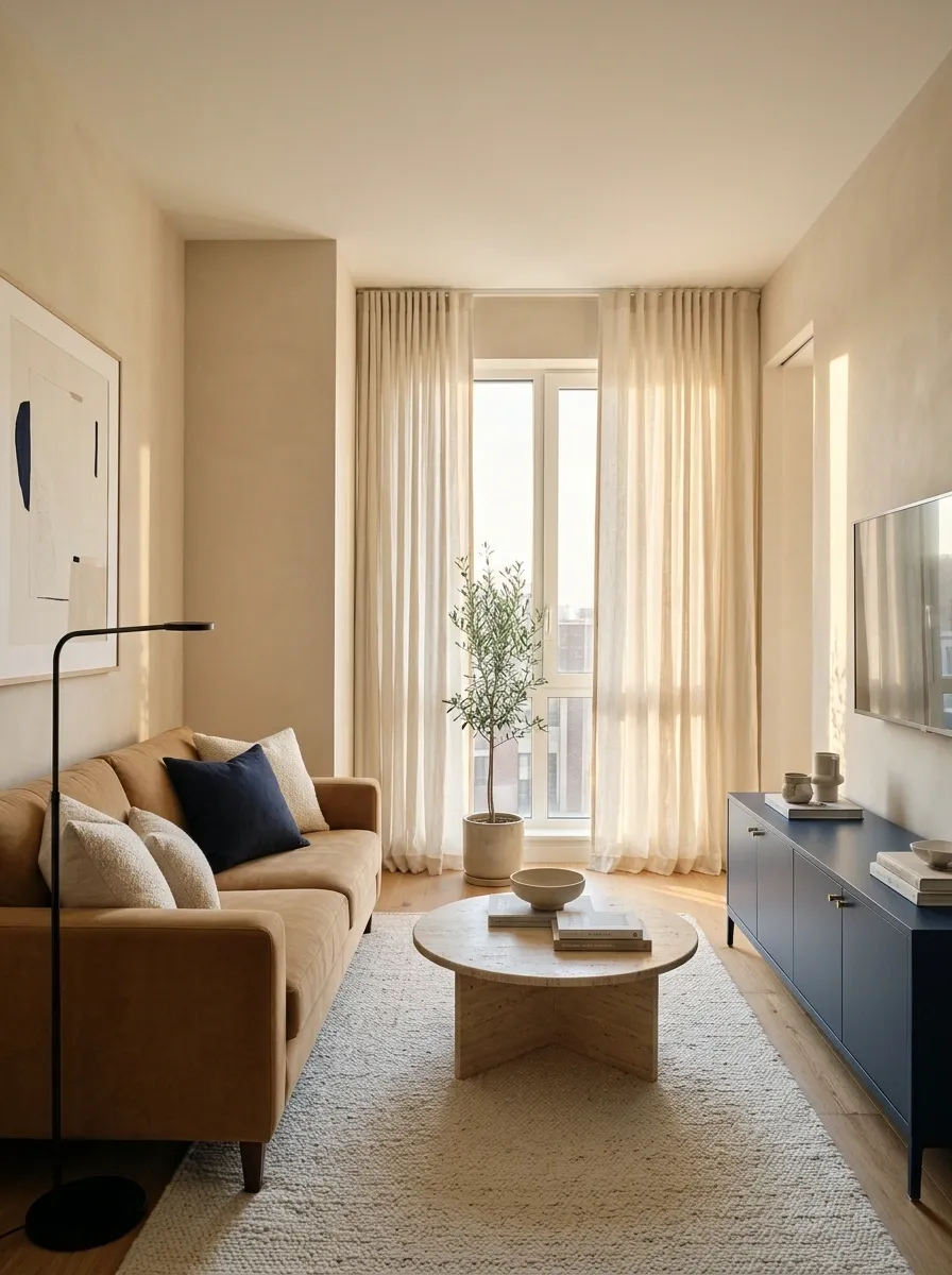 Navy and Camel Apartment Living Room With Travertine