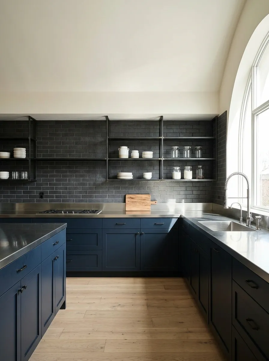 Navy and Charcoal Industrial Kitchen With Stainless Steel