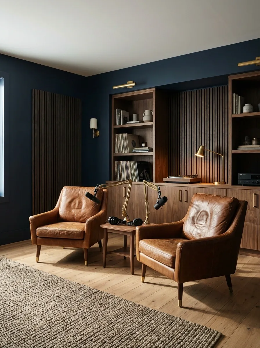 Navy and Cognac Podcast Room With a Refined Lounge Feel