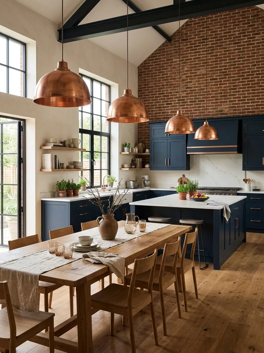 Navy and Copper Dining Kitchen With Exposed Brick