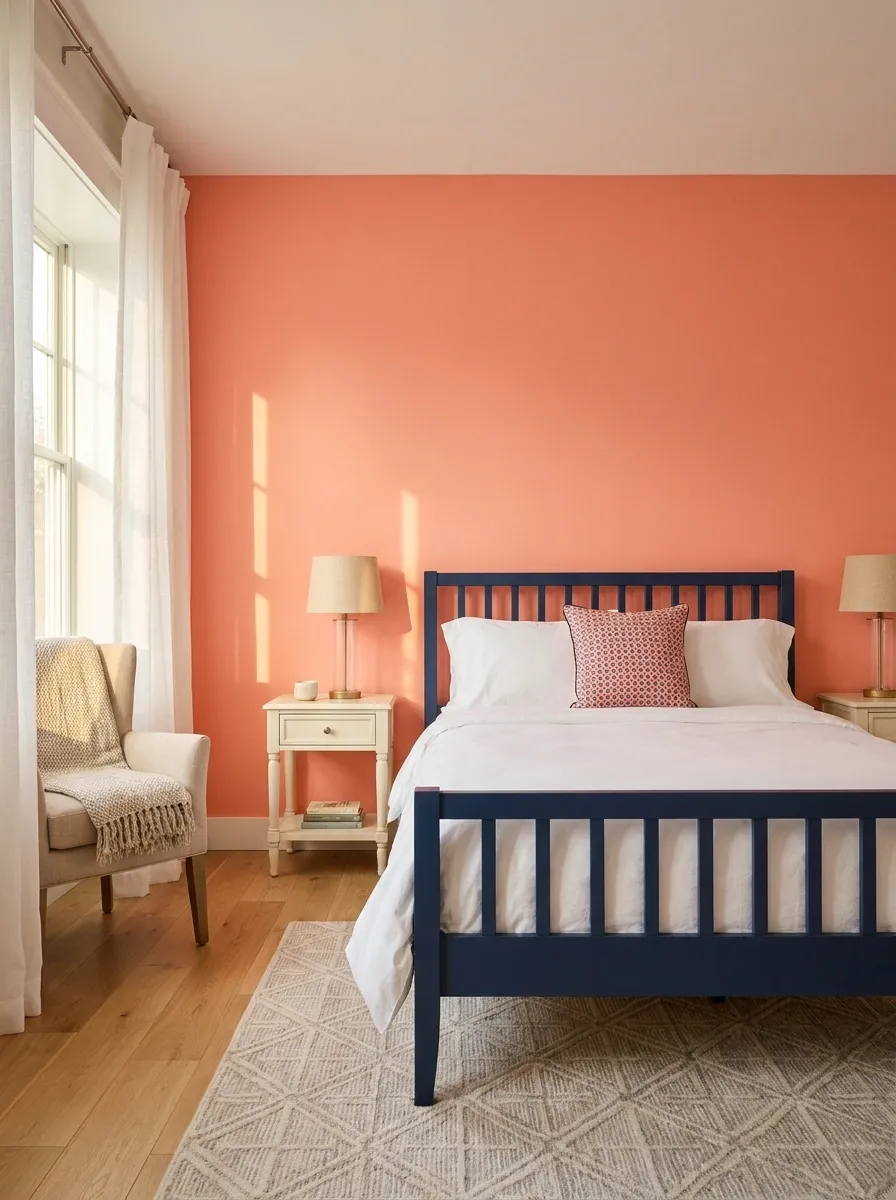 Navy and Coral Guest Room With Painted Furniture