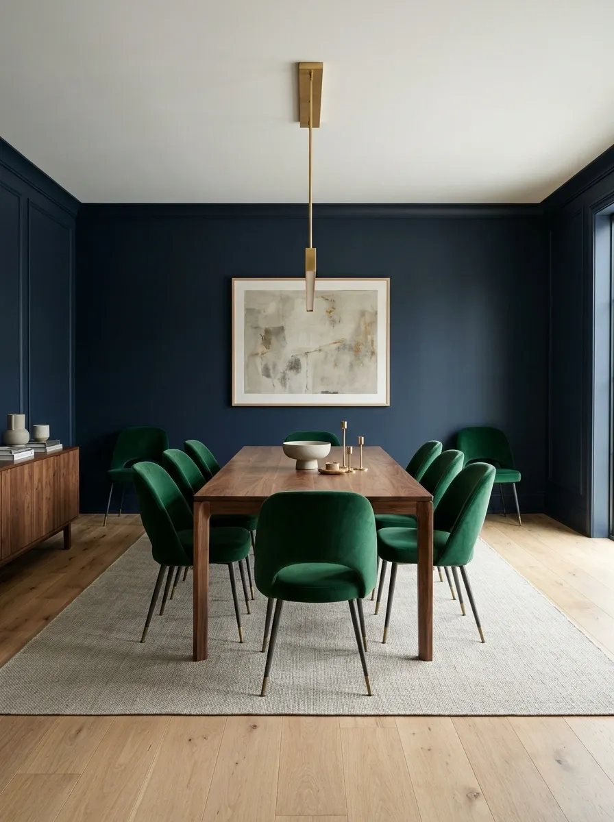 Navy and Emerald Dining Room With Walnut and Brass
