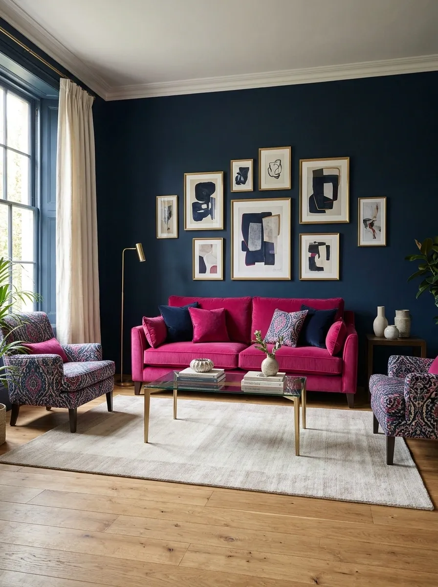 Navy and Fuchsia Sitting Room With Patterned Upholstery