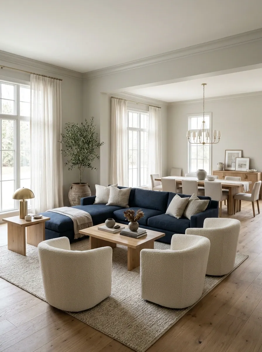 Navy and Greige Open-Plan Living Space With Cream Bouclé