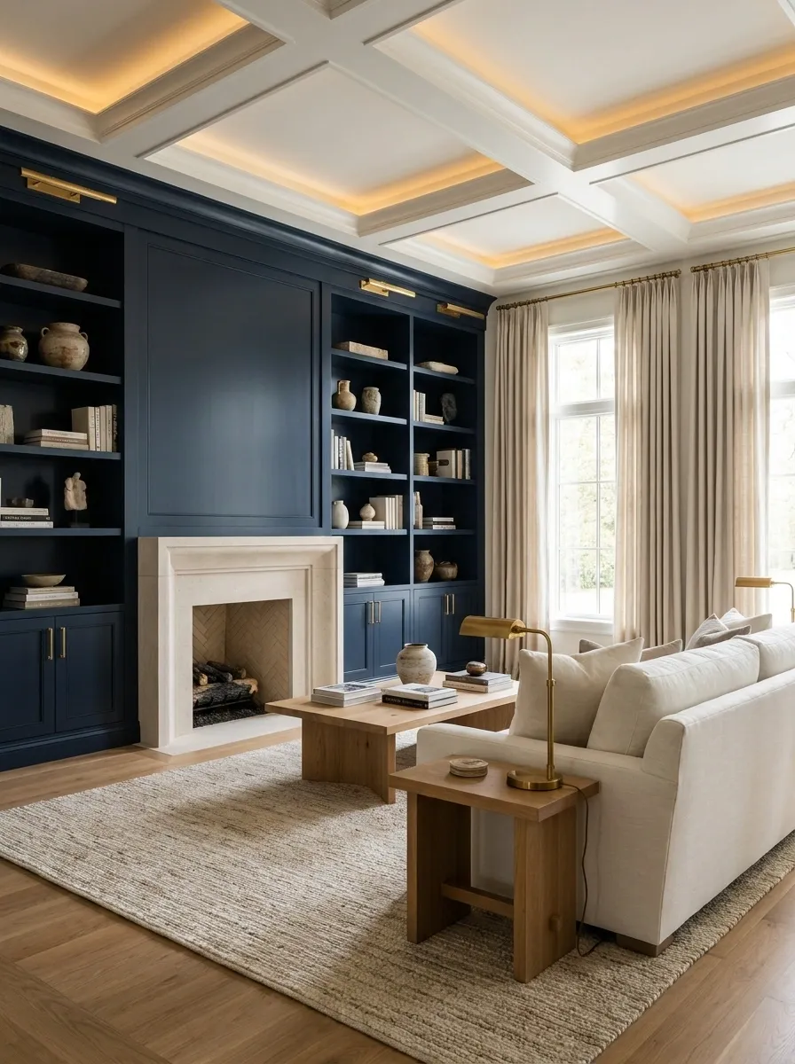 Navy and Ivory Living Room With Oak and Linen