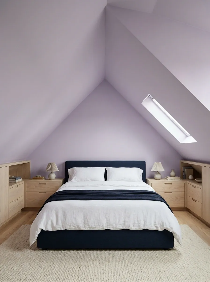 Navy and Lavender Attic Bedroom With Pale Ash
