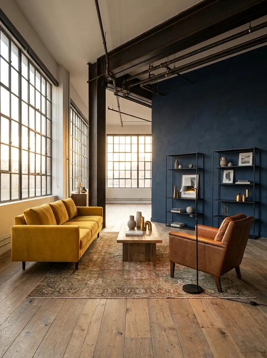 Navy and Mustard Loft With Leather and Steel