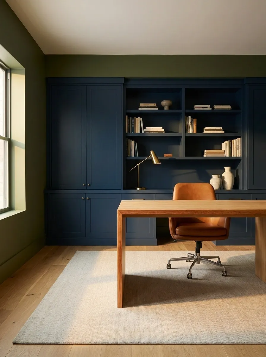 Navy and Olive Home Office With Cognac Leather