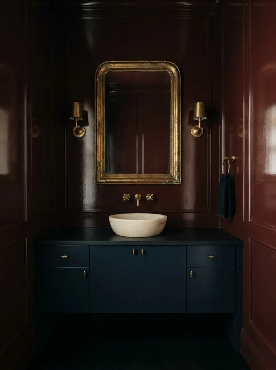 Navy and Oxblood Powder Room With Cream Stone