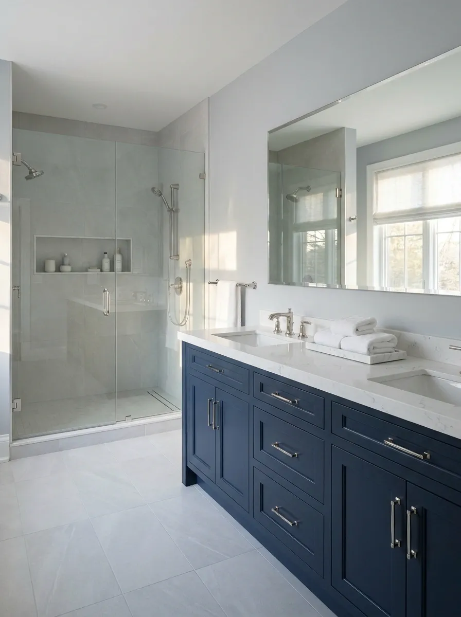 Navy and Pale Gray Bathroom With Nickel and Marble
