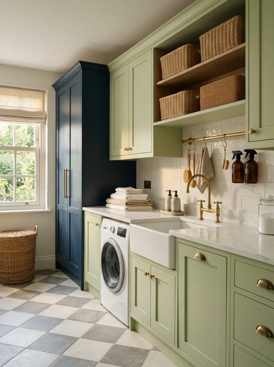 Navy and Pistachio Utility Room With Checkerboard Flooring