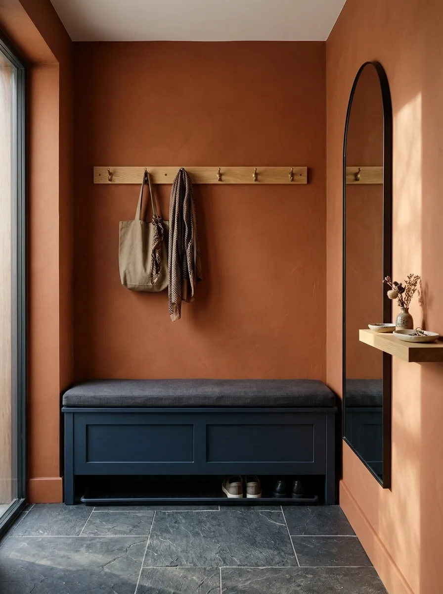 Navy and Rust Entryway With Slate and Oak