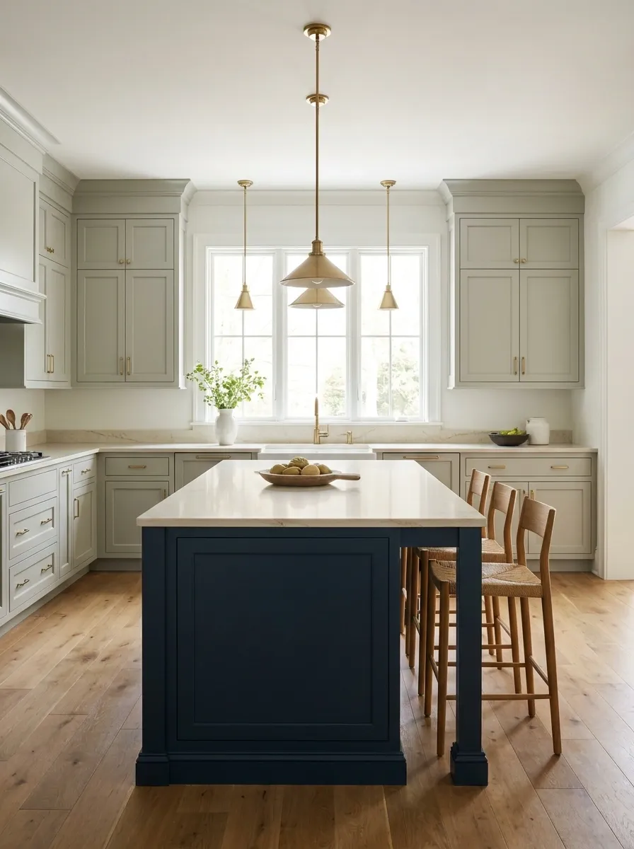 Navy and Sage Kitchen With Pale Stone