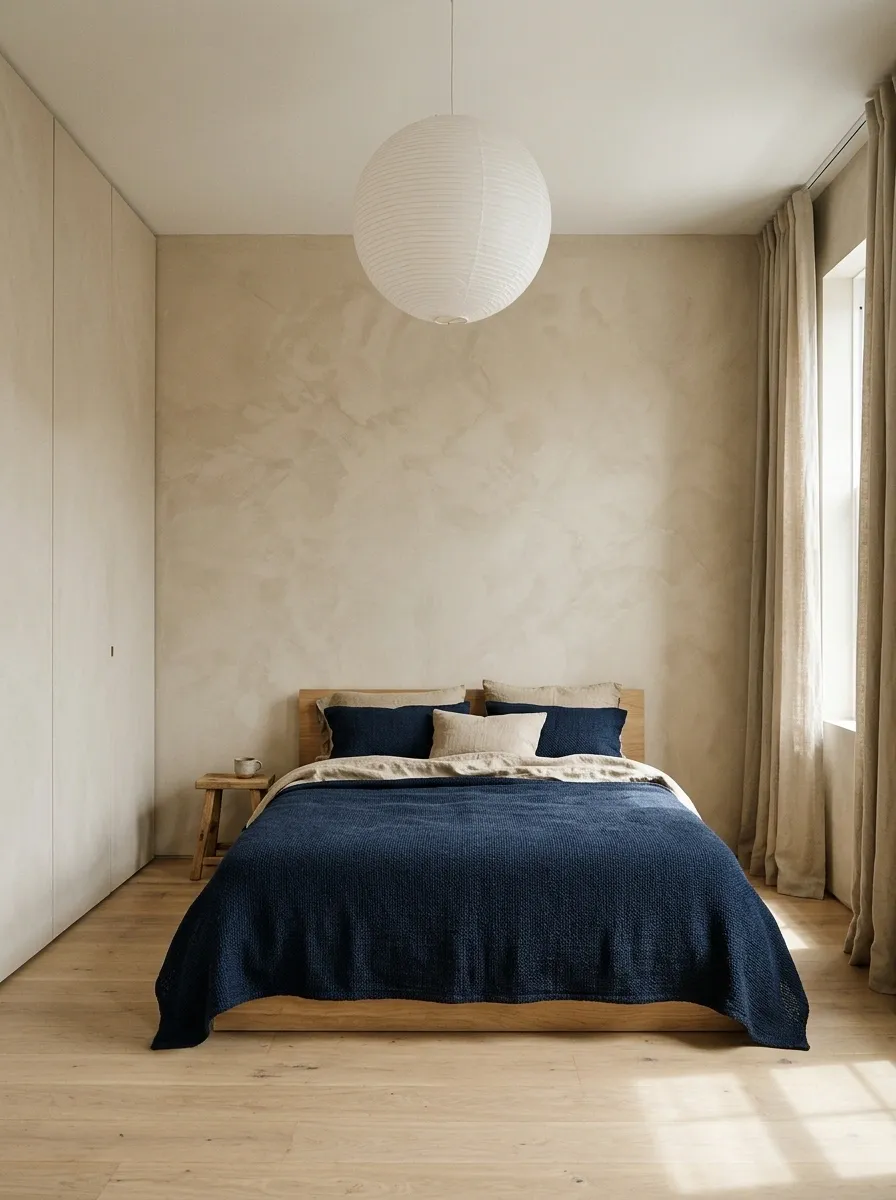 Navy and Sand Minimal Bedroom With Limewash and Low Furniture