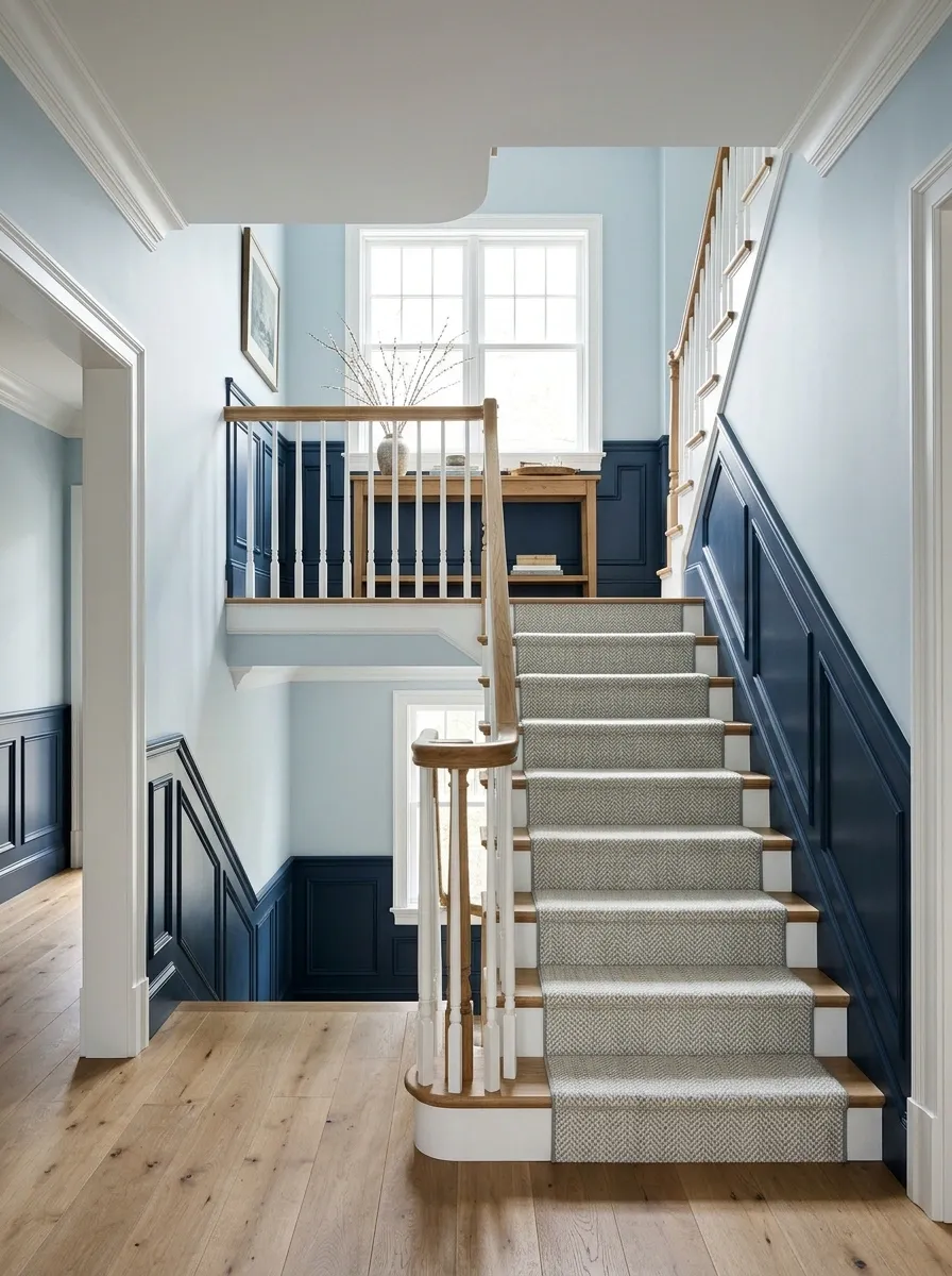 Navy and Sky Blue Stair Hall With White Trim