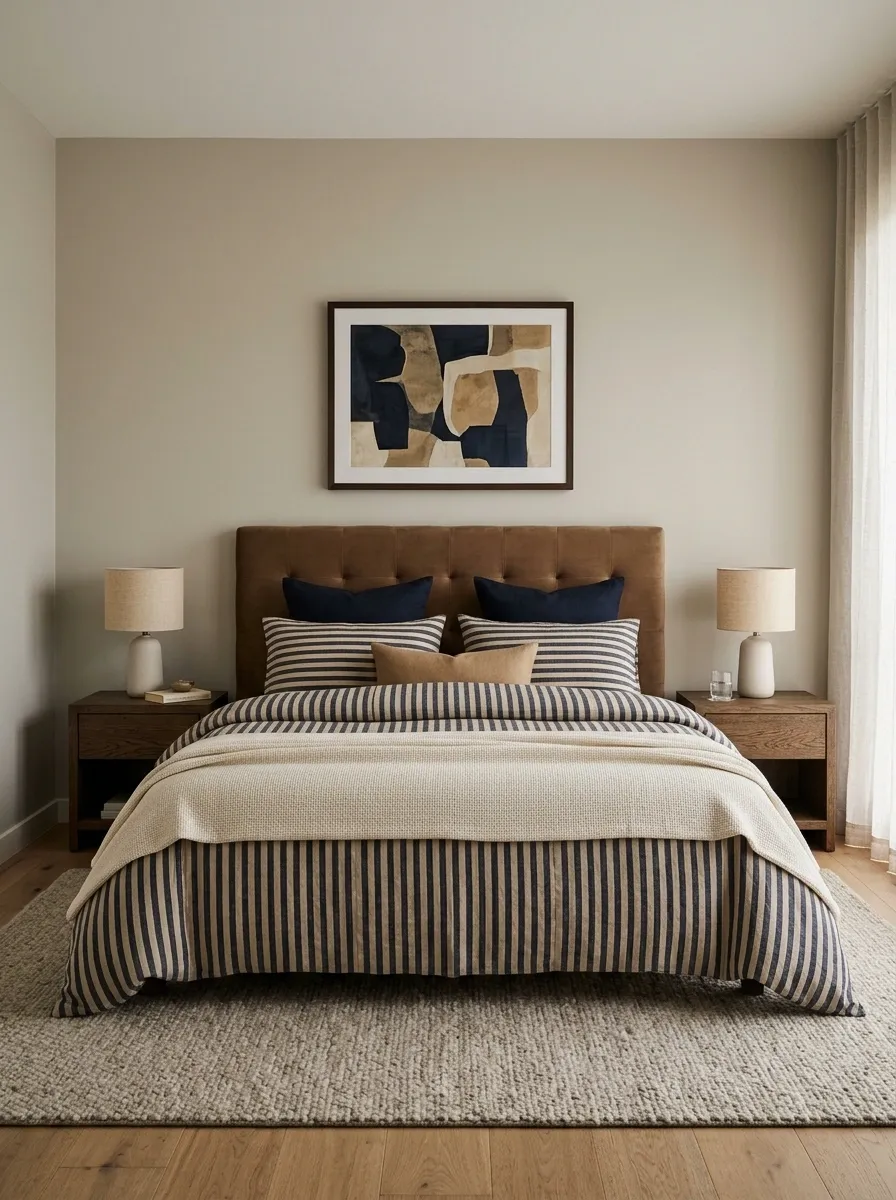 Navy and Tan Stripes in a Tailored Contemporary Bedroom