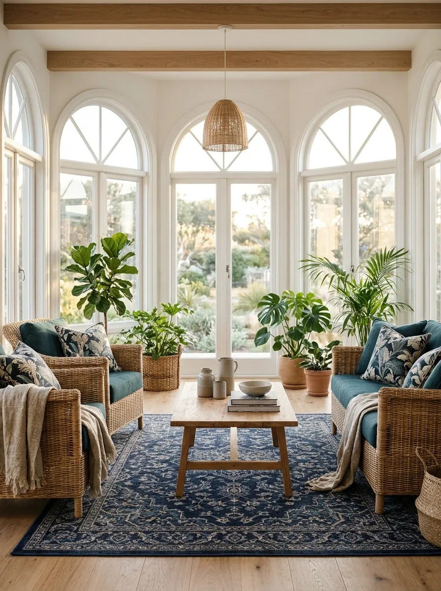 Navy and Teal Sunroom With Rattan and Botanical Prints