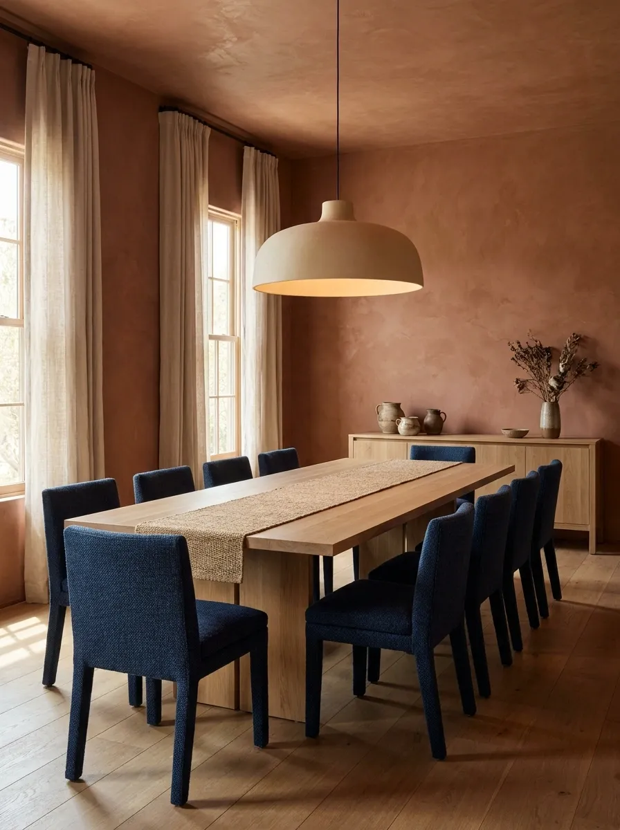 Navy and Terracotta Dining Room With Plaster Walls